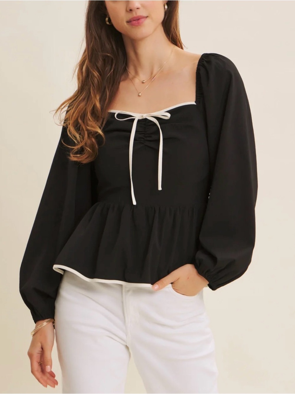 NWT Black Puff-Sleeve Tie-Front Peplum Blouse with White Trim Size L